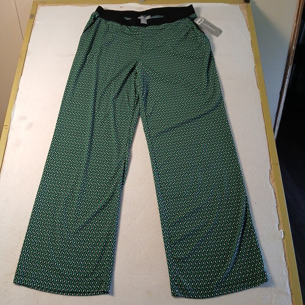 N.Y. Collection Stretch Palazzo Pants Size XS Green Black Geometric Pattern NWT